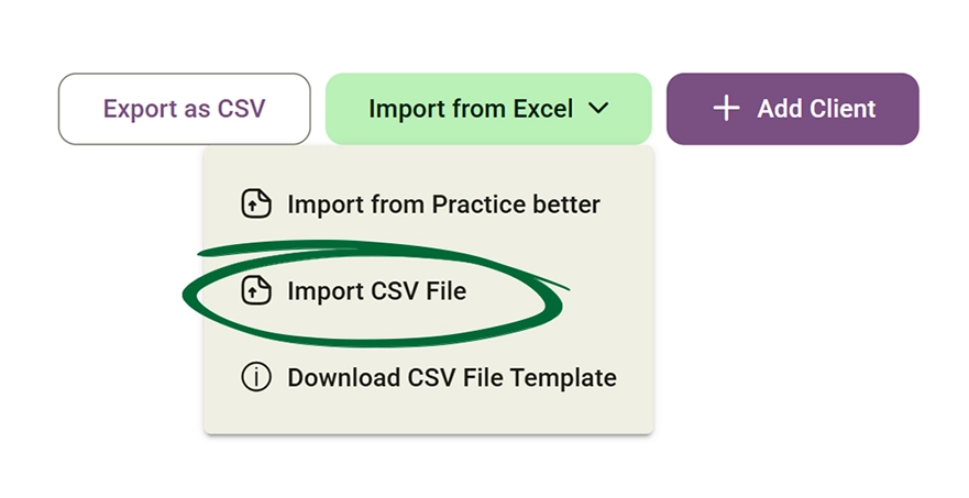 Upload CSV file for client import screenshot